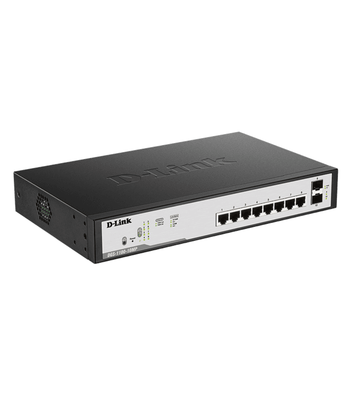 سوئیچ ۸ پورت گیگابیت PoE مدیریتی با ۲ پورت فیبر D Link DGS 1100 10MP