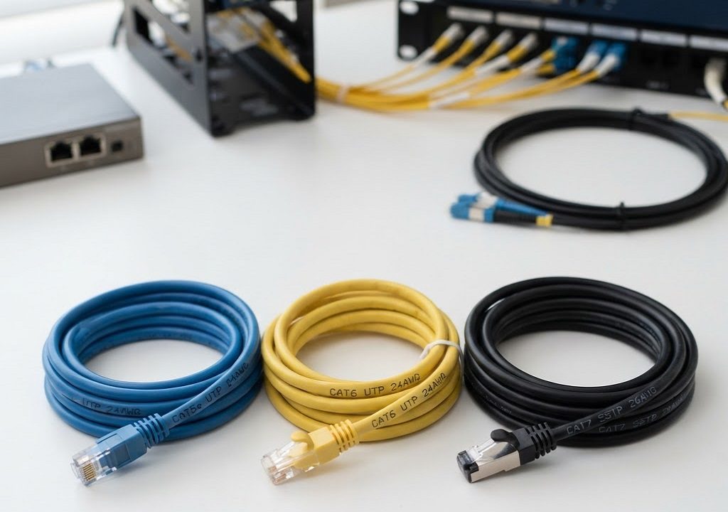 مقایسه کابل‌های شبکه Cat5 و Cat6 و Cat7 با کانکتور RJ45 و فیبر نوری