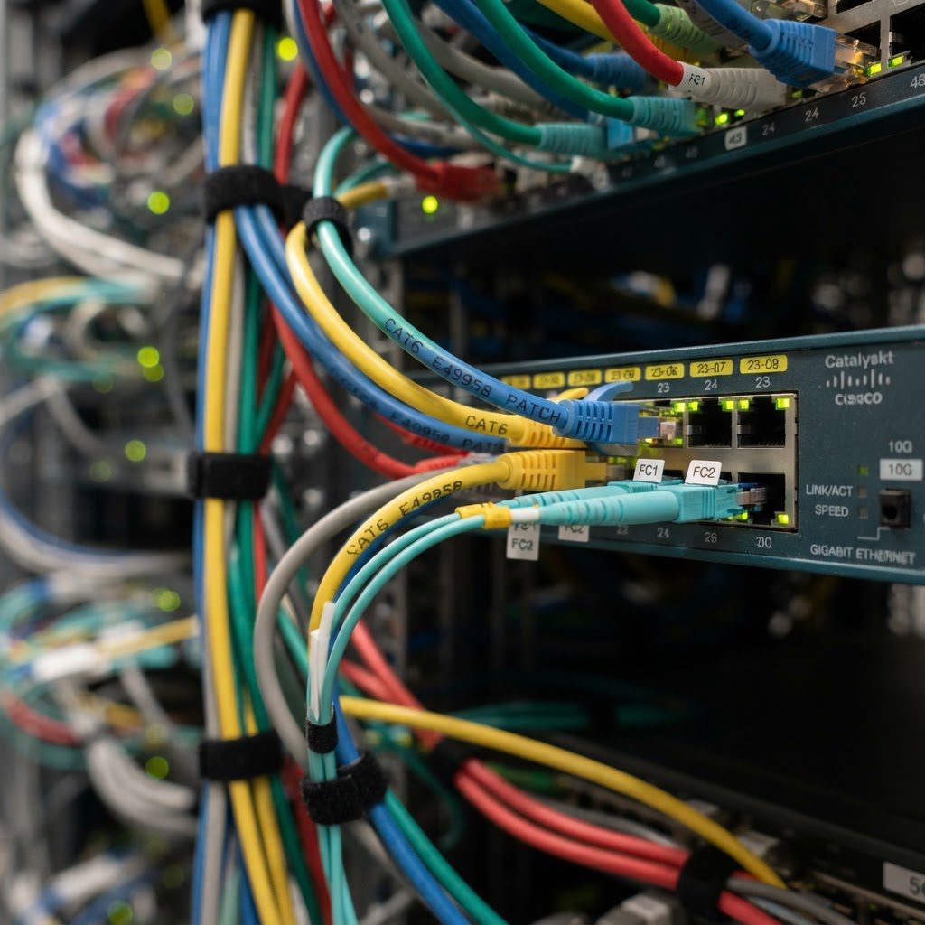 کابل‌های اترنت Cat6 و فیبر نوری متصل به پورت‌های سوئیچ شبکه