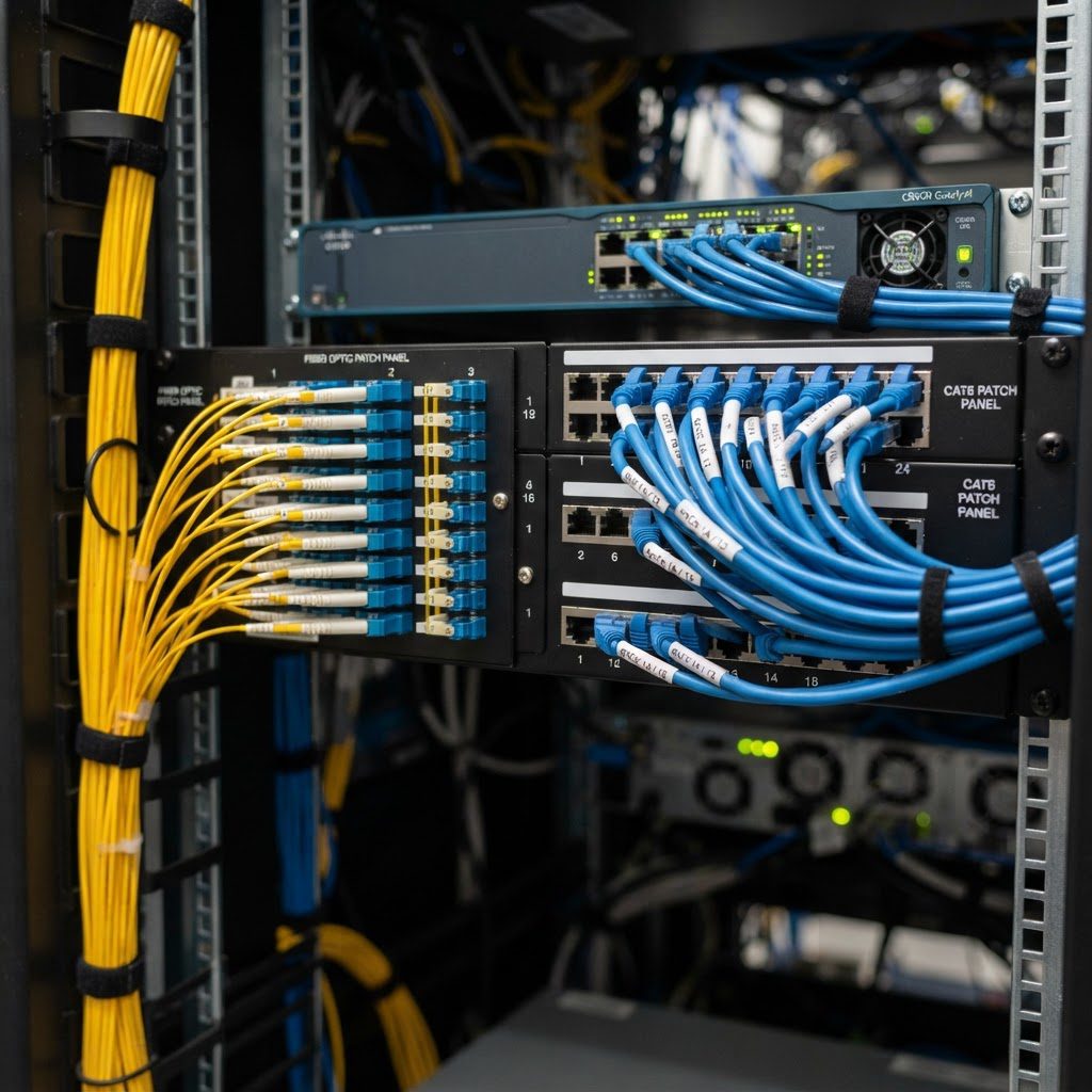 کابل‌های فیبر نوری و اترنت Cat6 متصل به پچ پنل و سوئیچ