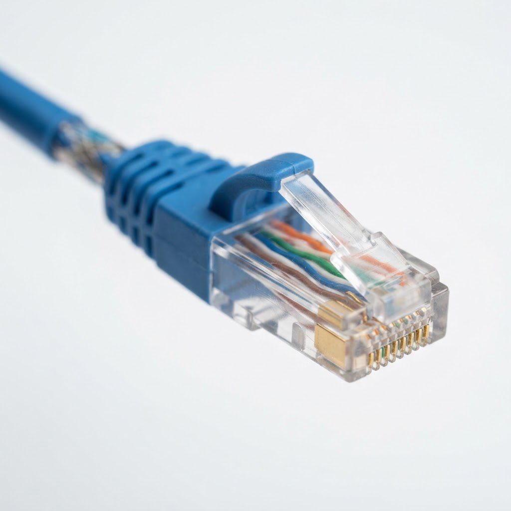 کابل شبکه Cat6 با کانکتور RJ45 آبی و سیم‌های زوج‌به‌دو
