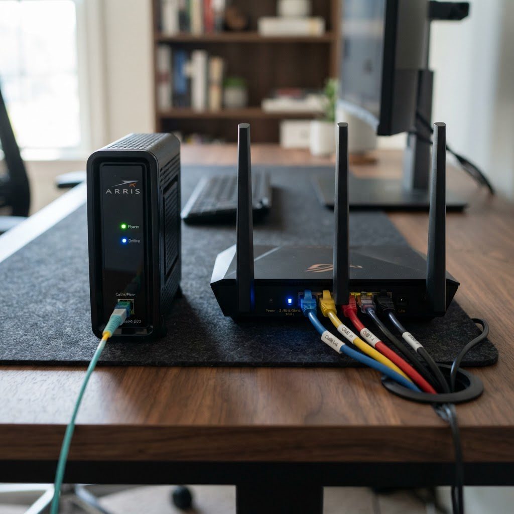 مودم و روتر با کابل‌های Cat6 و فیبر نوری متصل