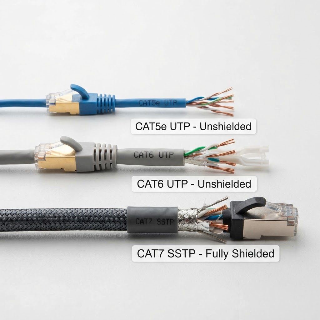 مقایسه سه نوع کابل شبکه Cat5 و Cat6 و Cat7 با کانکتور RJ45